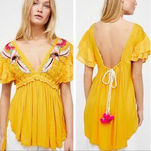FREE PEOPLE Fiesta Nueva Embroidered Mustard Tunic